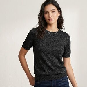 Lauren Ralph Lauren Metallic Sweater Tee Knit Top Sparkle Ribbed Black XL